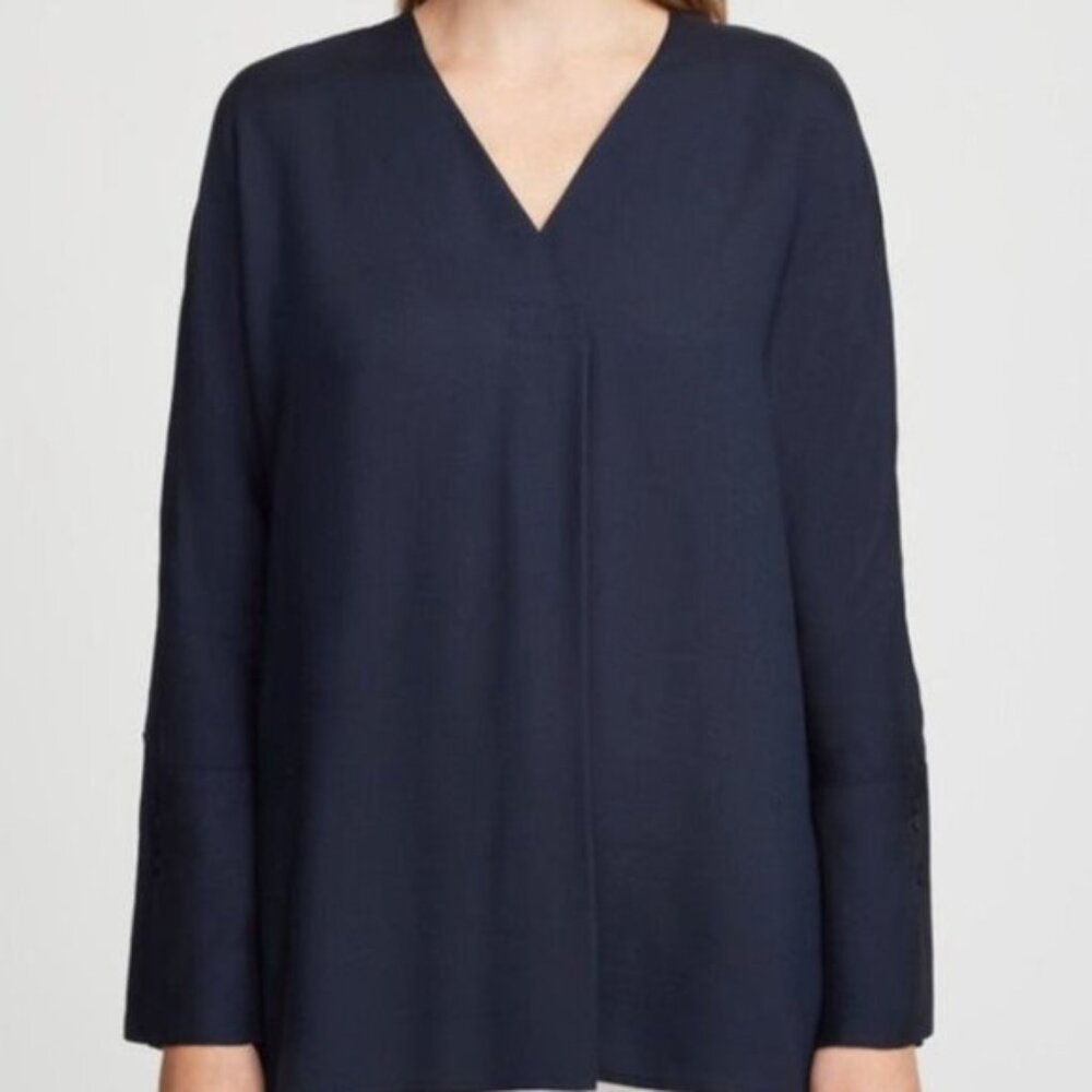 Cuyana 100% Silk Navy V-Neck Snap Button Up Top Shirt Blouse NWOT